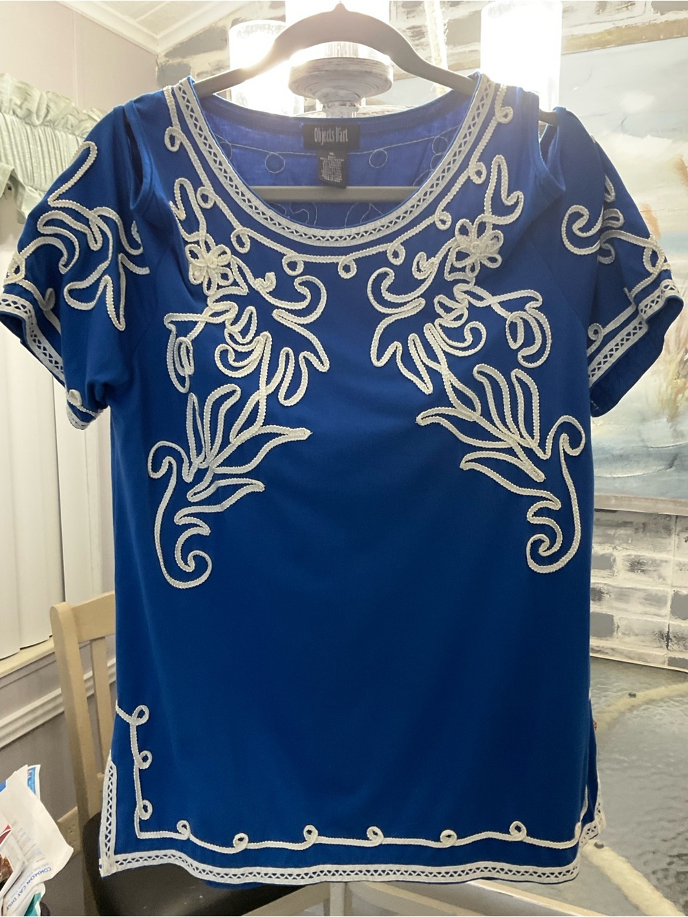 Blue Short-Sleeve Embroidered Scoop Neck Top